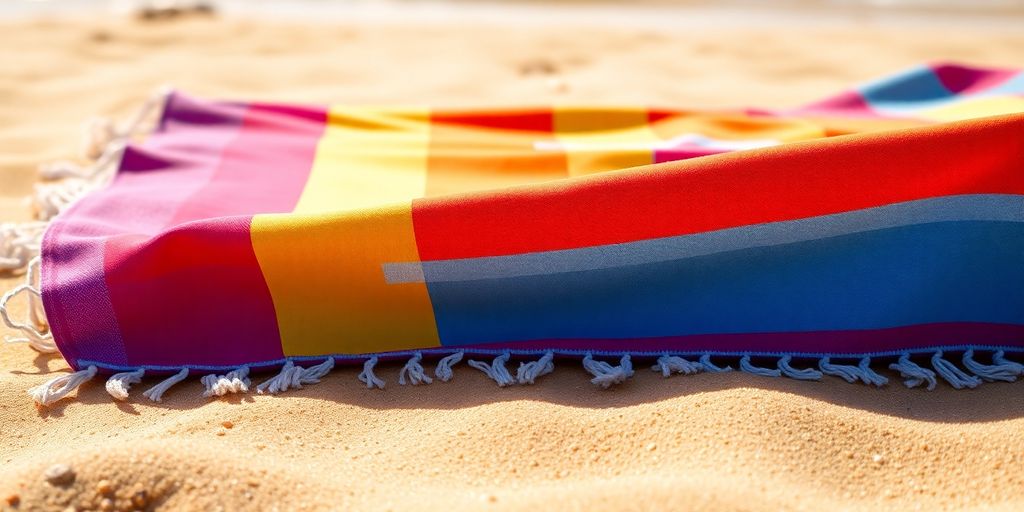 Colorful striped beach towel on sand.