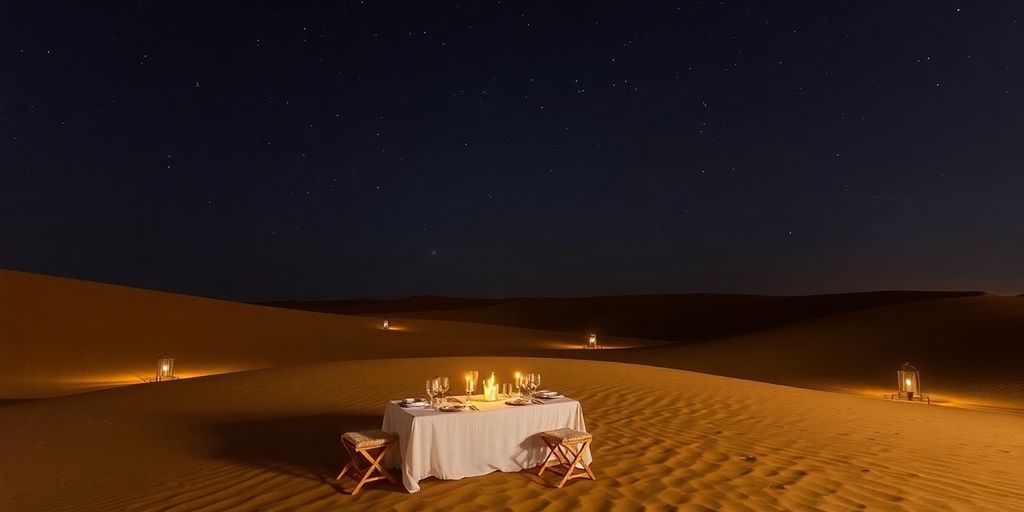 Dining table under stars in Agafay Desert.