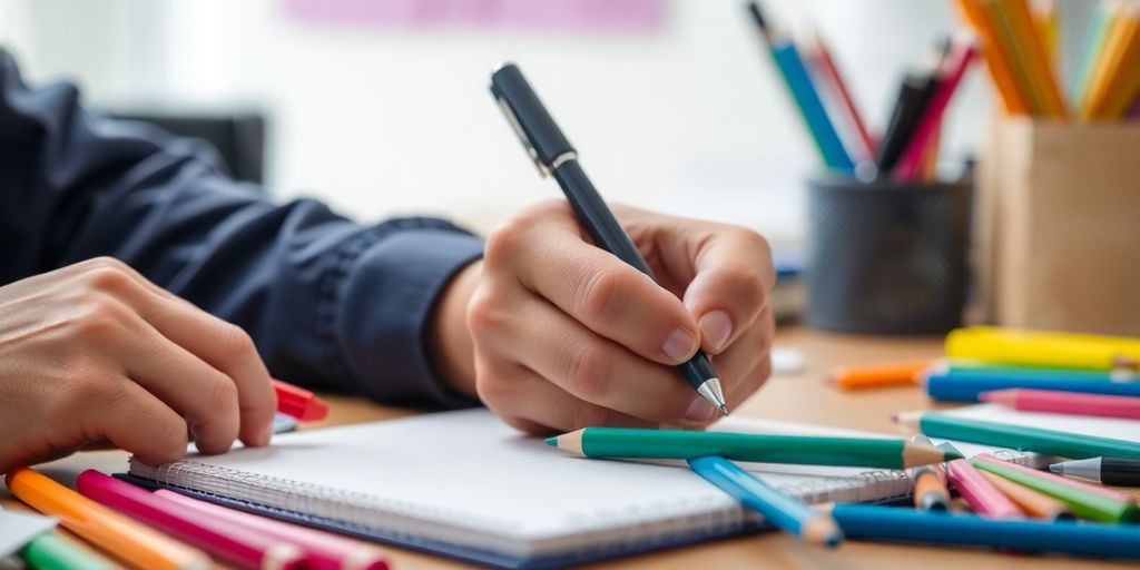 Person writing on notepad with colorful stationery.