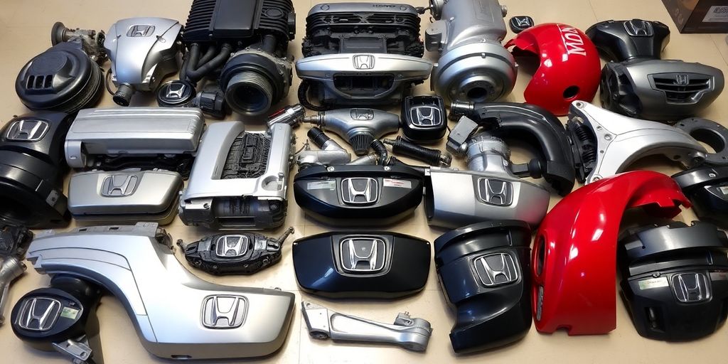 Honda car parts arranged neatly.