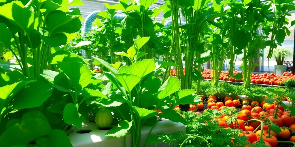 Lush hydroponic vegetable garden with vibrant plants.