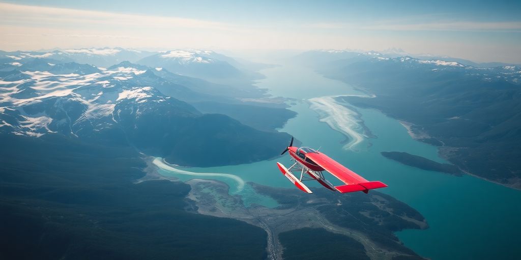 A small plane flies over majestic Alaskan glaciers and mountains.