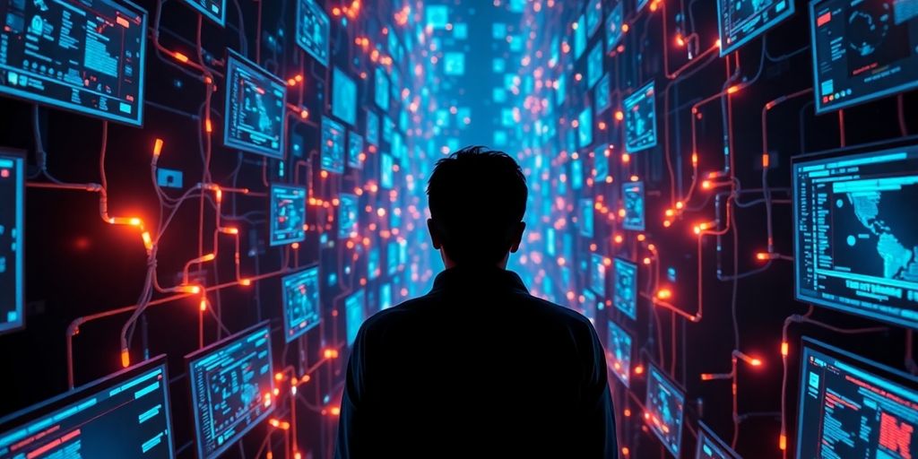 Person navigating a maze of digital screens.