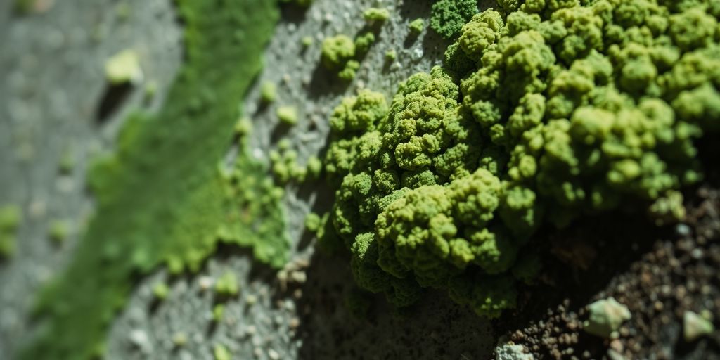 Close-up of green mold on a textured wall.