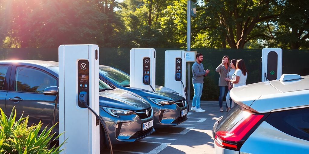 Electric vehicles charging at a modern station with greenery.