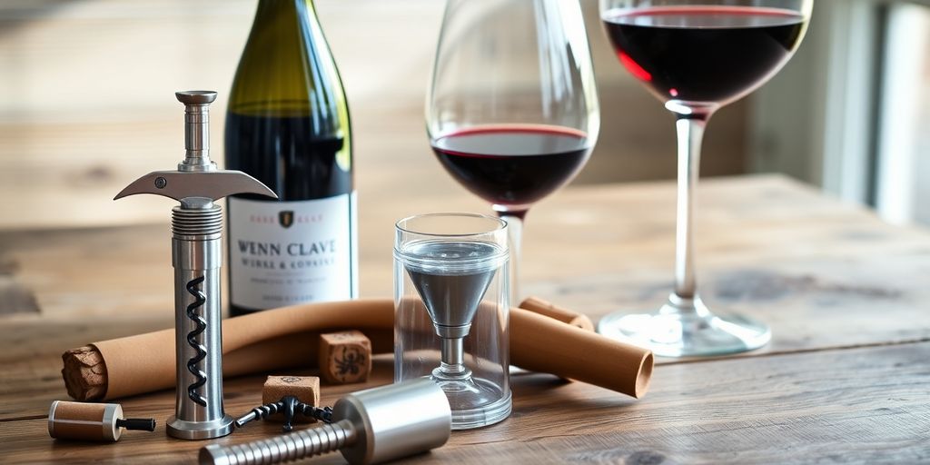 Wine tools including glasses and a corkscrew on a table.