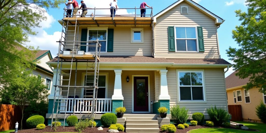 Workers remodeling a home's exterior with tools and materials.
