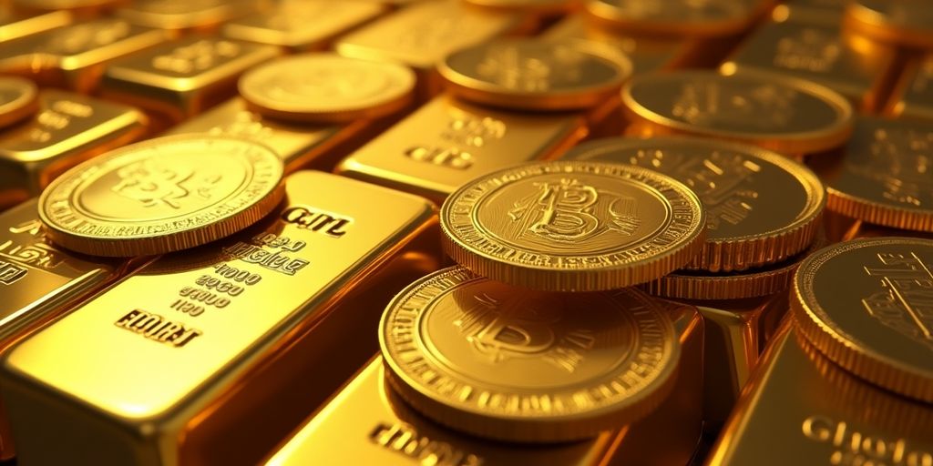 Pièces et lingots d'or brillants sur un fond sombre.