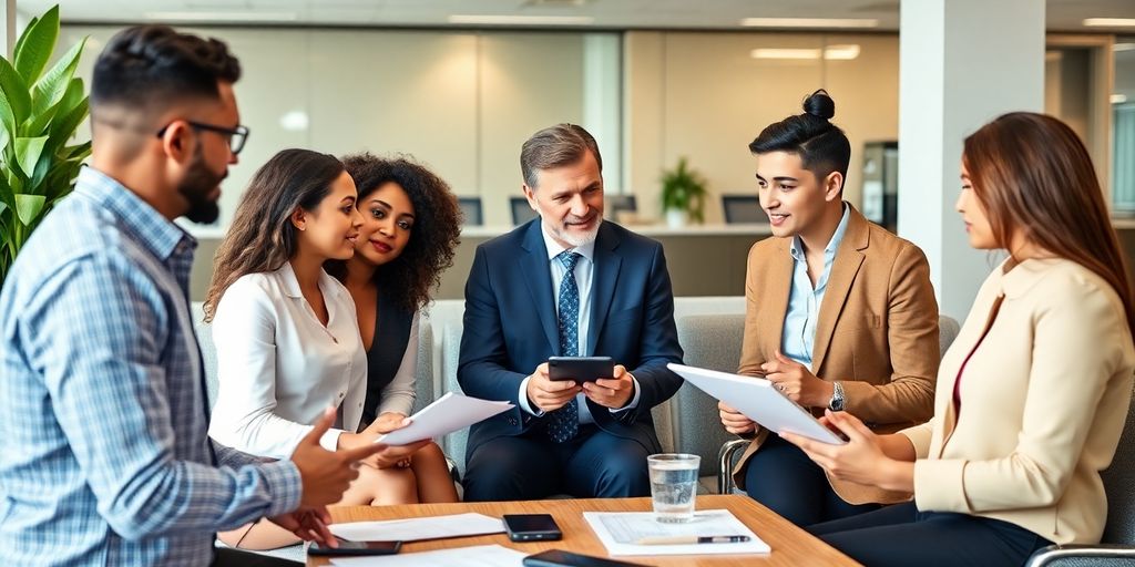 Diverse businesspeople discussing FCC regulations in modern office.