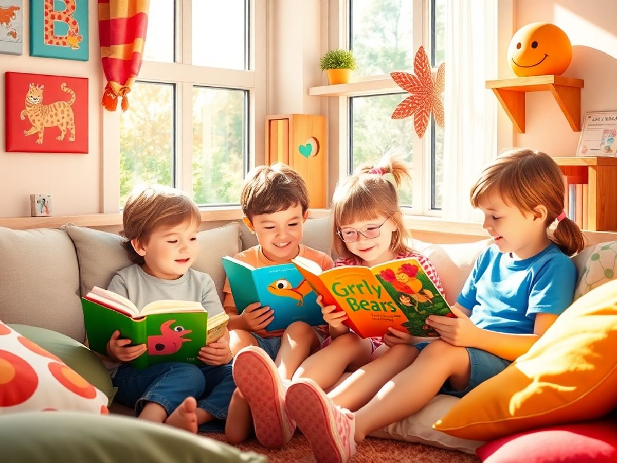 Copii citind cărți într-un colț confortabil.