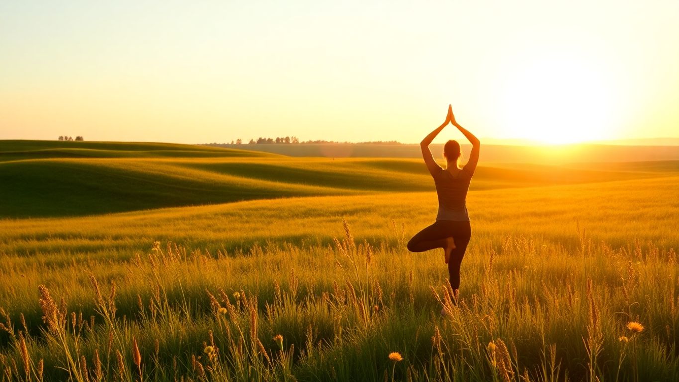 Person practicing yoga in a peaceful sunrise meadow.