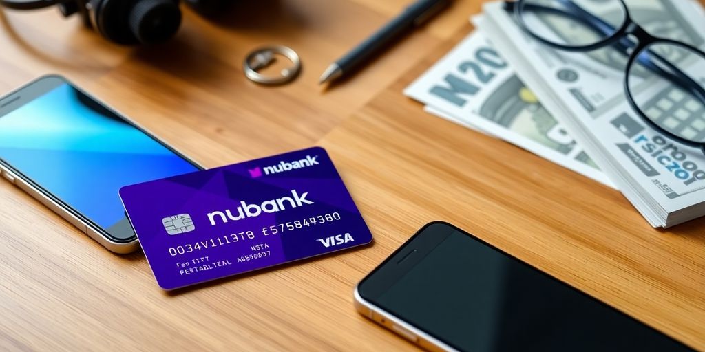 Cartão Nubank Ultravioleta em mesa de madeira.