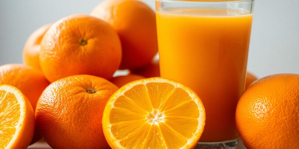 Fresh oranges and juice in glass.