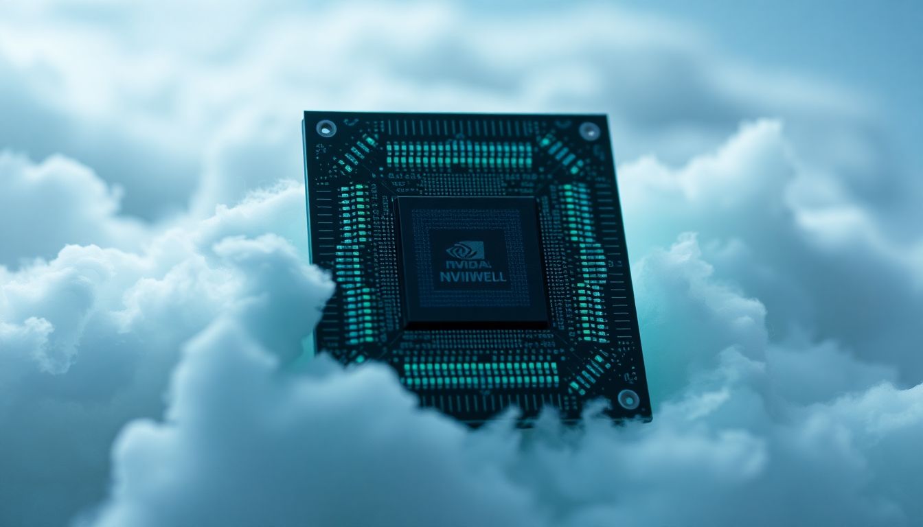 NVIDIA Blackwell chip with cloud background.