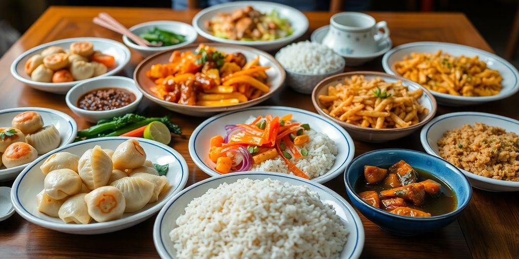 อาหารฮาลาลจีนที่หลากหลายบนโต๊ะไม้สวยงาม