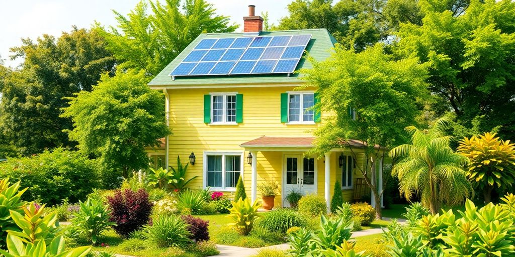 Duurzaam huis omgeven door groene natuur en planten.