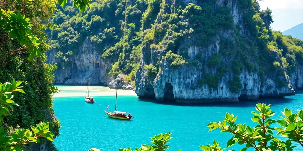 Lush jungle, clear waters, and limestone cliffs in Phuket.