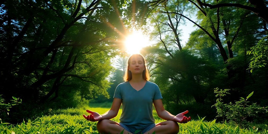 Person meditating in a green landscape with sunlight.