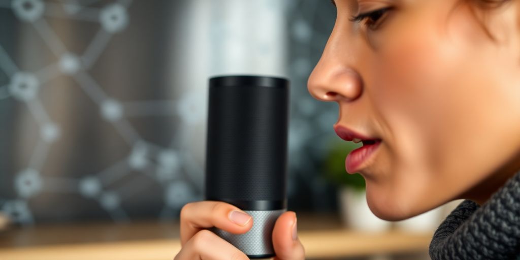Person using a smart speaker for voice-activated marketing.