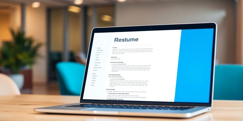 Laptop screen displaying a resume template.