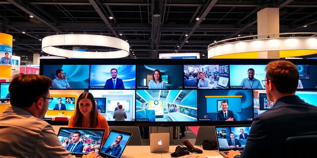 Participants in a virtual trade show using video conferencing.