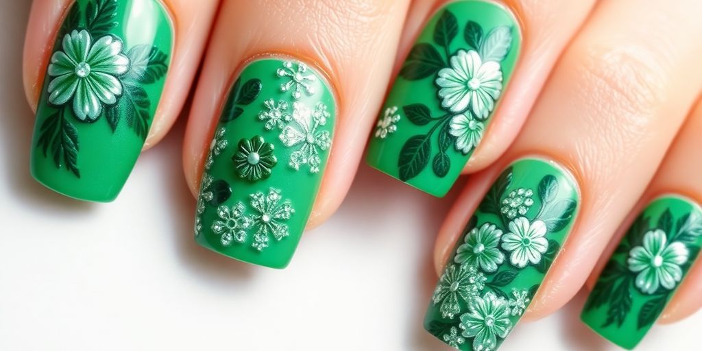 Close-up of decorated green nails with floral designs.