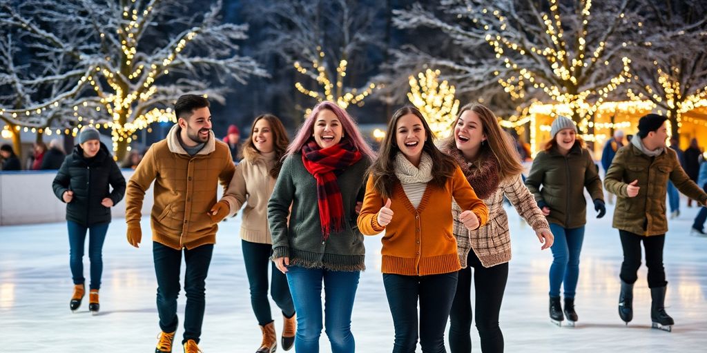 Joyful group ice skating outdoors under soft lights.
