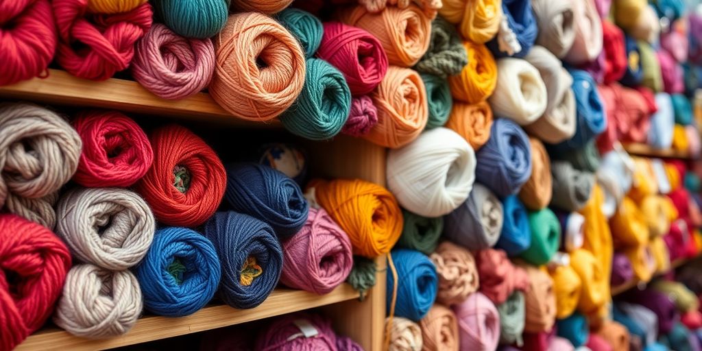 Colorful yarns neatly arranged on shelves at The Knitting Loft.