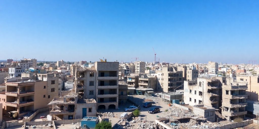 Aerial view of Gaza reconstruction with workers and machinery.