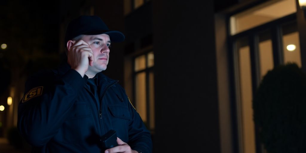 Gardien surveillant un bâtiment la nuit.