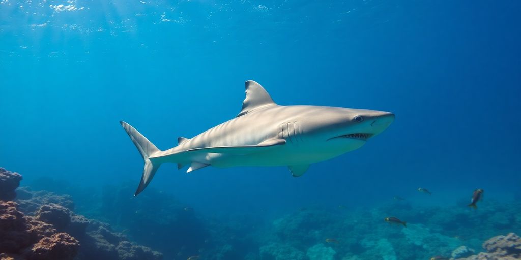 A shark swimming around a coral reef.