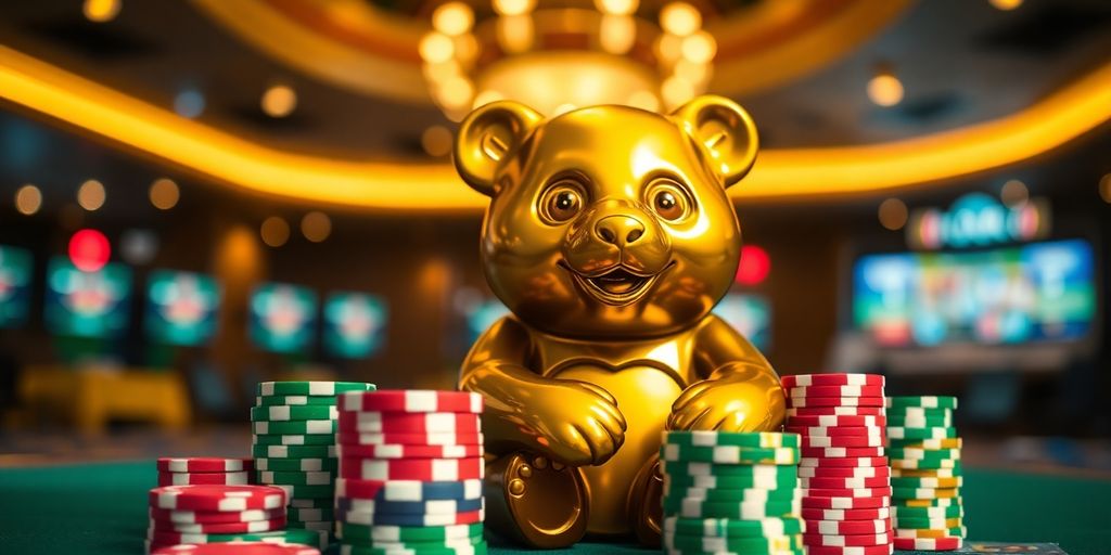 Golden panda statue surrounded by casino chips.