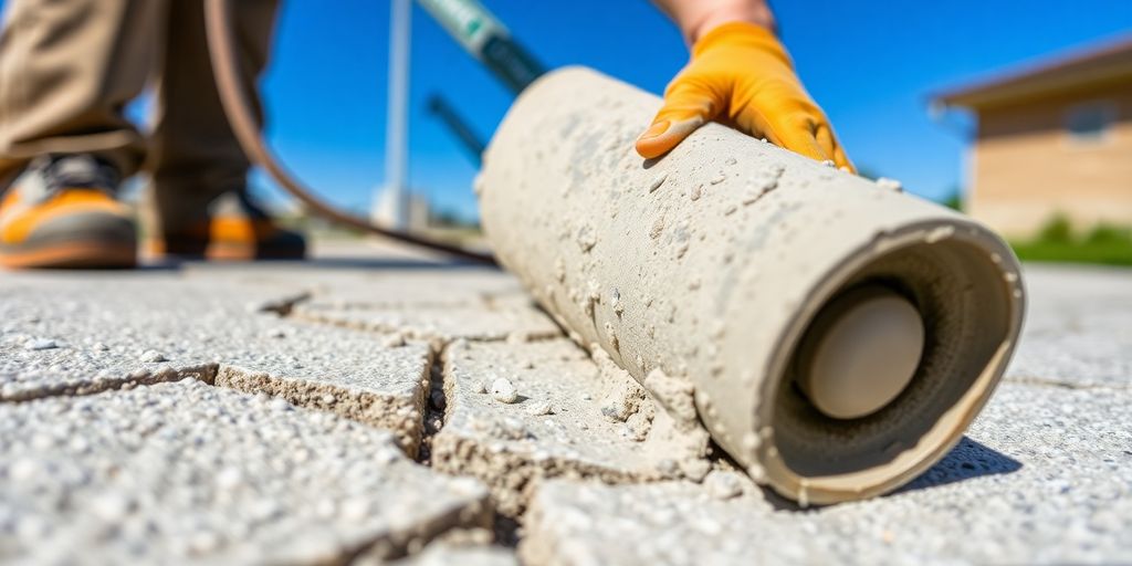 Worker repairing cracked concrete in Salt Lake City.