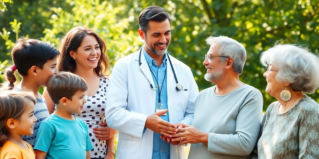 Happy diverse people; doctor and patient.