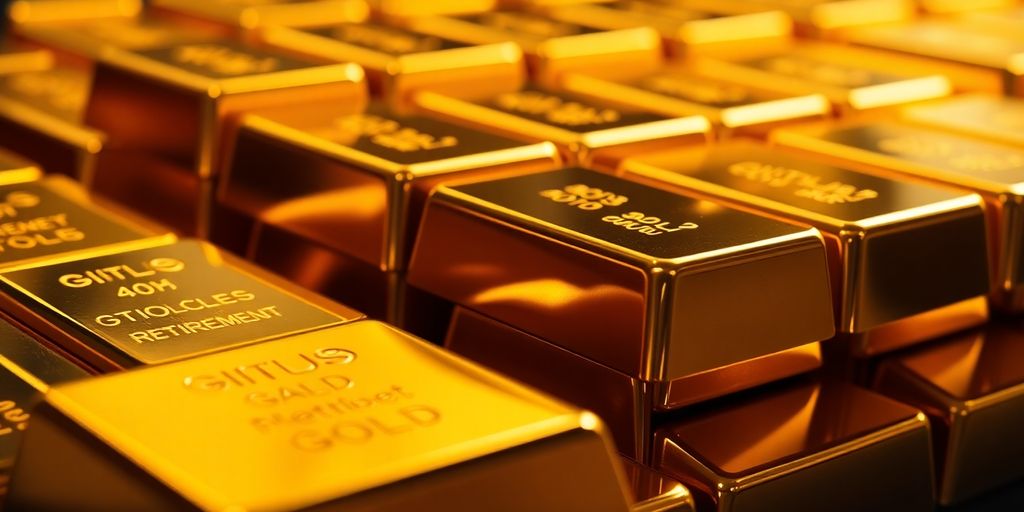 Barres d'or empilées sous une lumière chaleureuse.