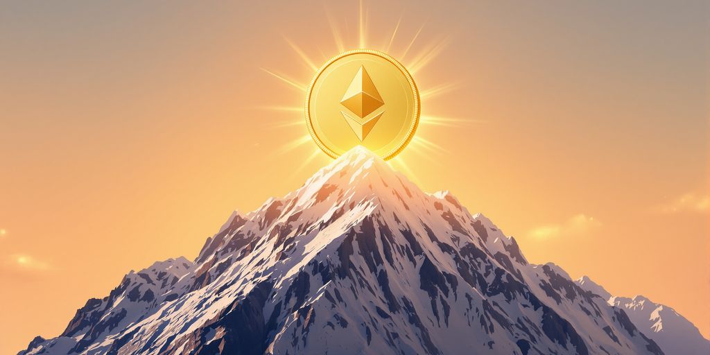 Ethereum coin soaring upwards past a mountain peak.