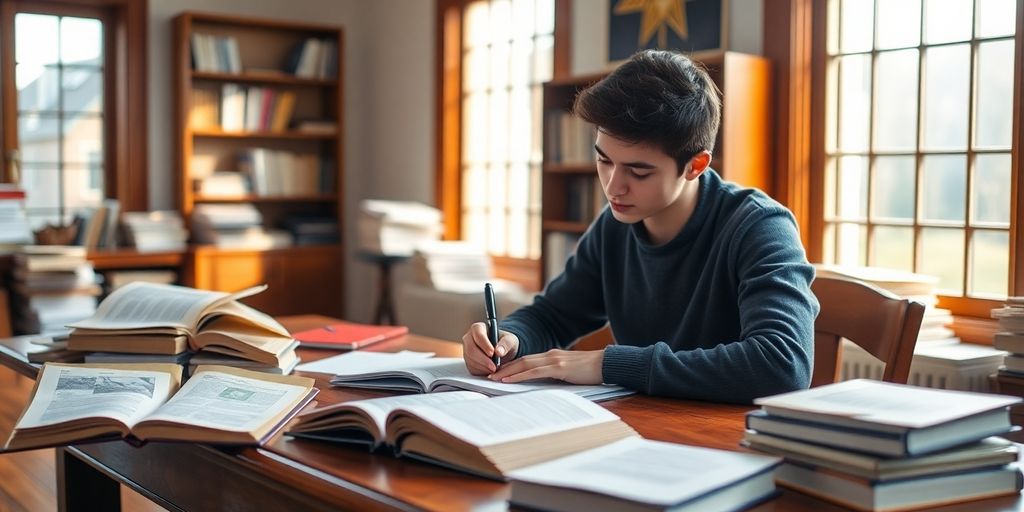 Student writing thesis, surrounded by books.