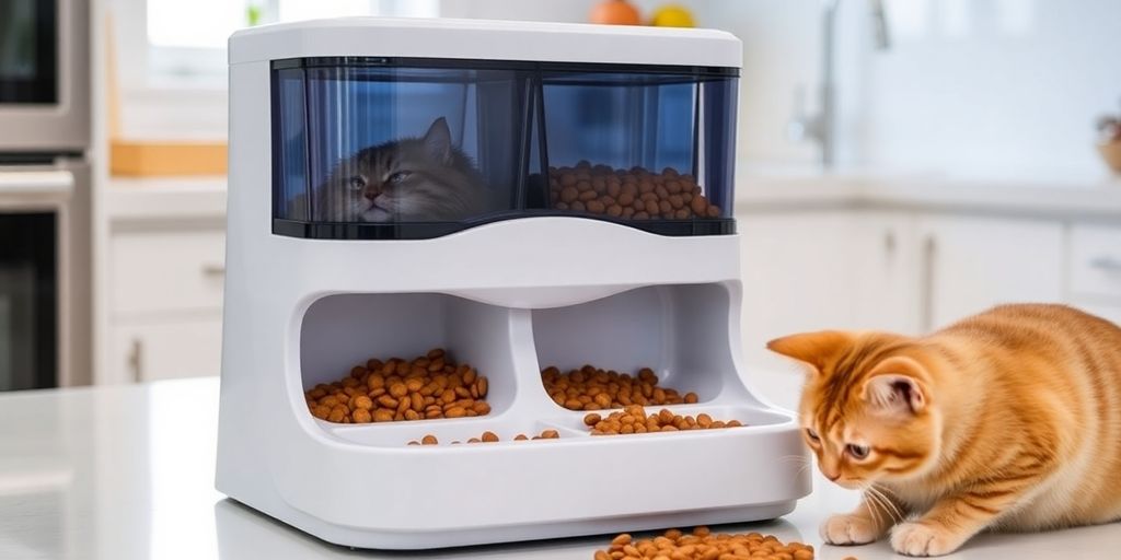 Modern automatic cat feeder with two compartments and food.