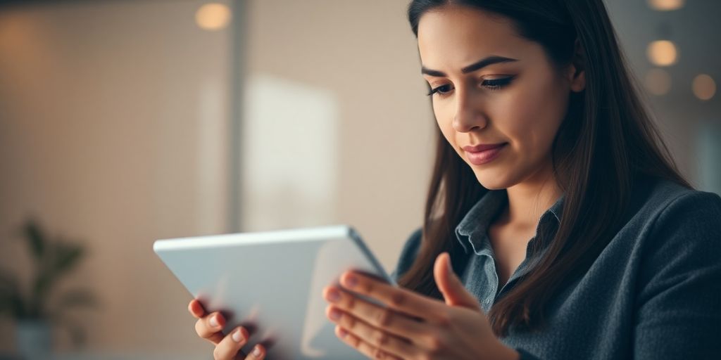 Person examining financial data on a digital tablet.