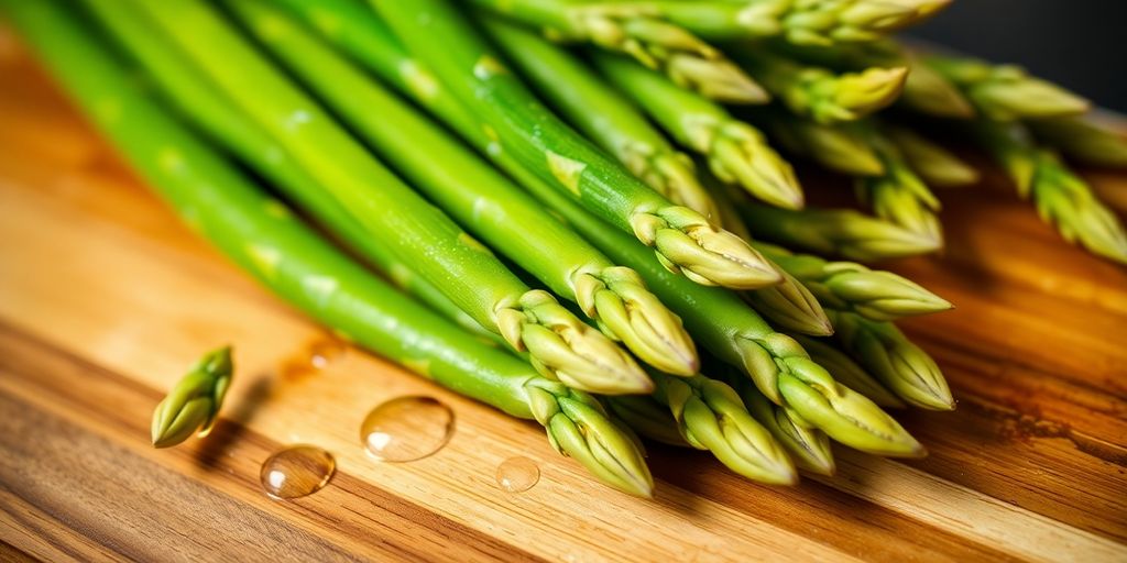 Fresh green asparagus spears on a wooden cutting board.