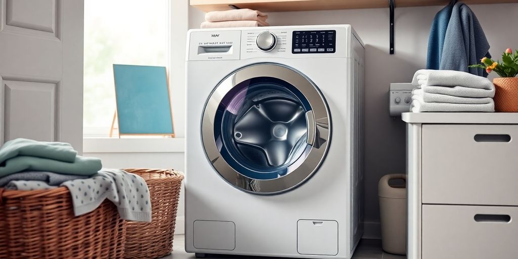 Moderne Waschmaschine in einem hellen Waschraum