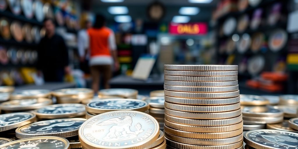Assorted shiny coins stacked in a Dallas coin shop.