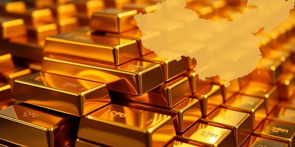 Lingots d'or brillants empilés et une carte stylisée de la Chine.