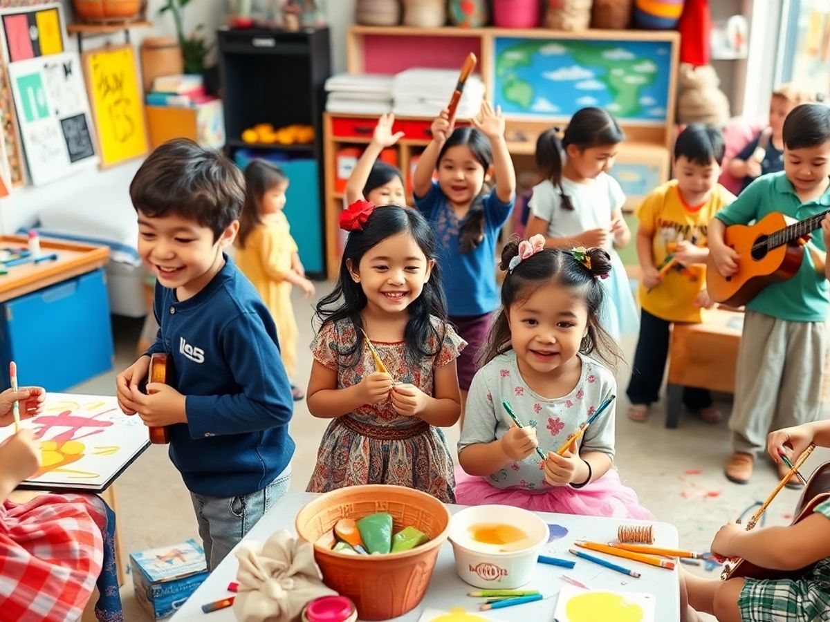 Copii participând la evenimente culturale și artistice.