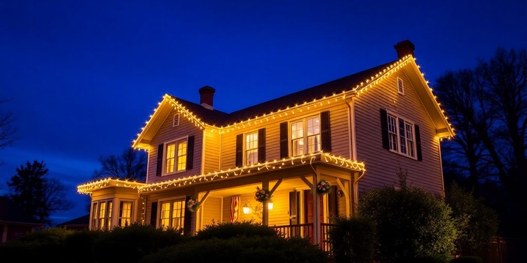 Home with permanent Christmas lights at dusk.