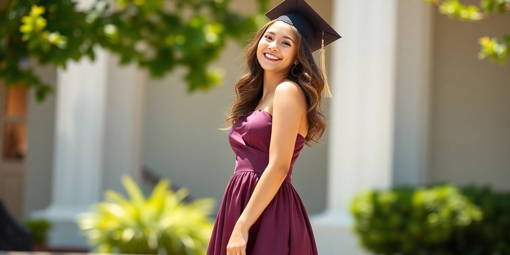 Woman in a graduation dress smiling.