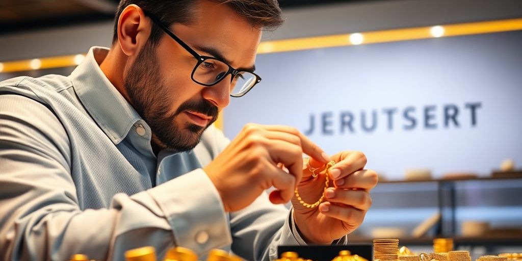 Professionnel évaluant des pièces d'or dans un bureau.