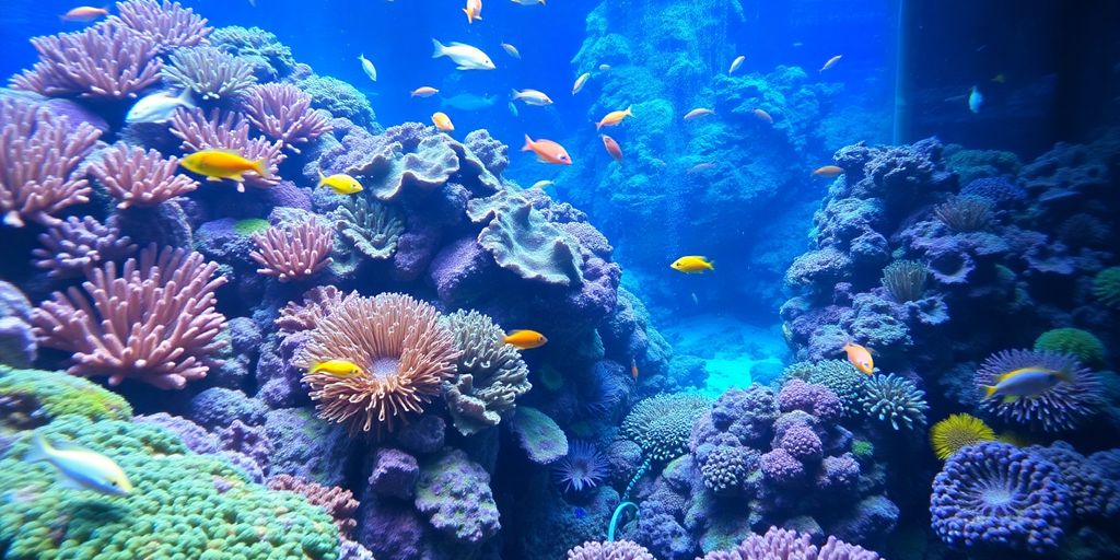 Makukulay na aquarium ng reef na may iba't ibang buhay-dagat at corals.