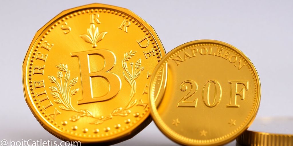 Pièces d'or Krugerrand côte à côte avec Napoléon 20F.