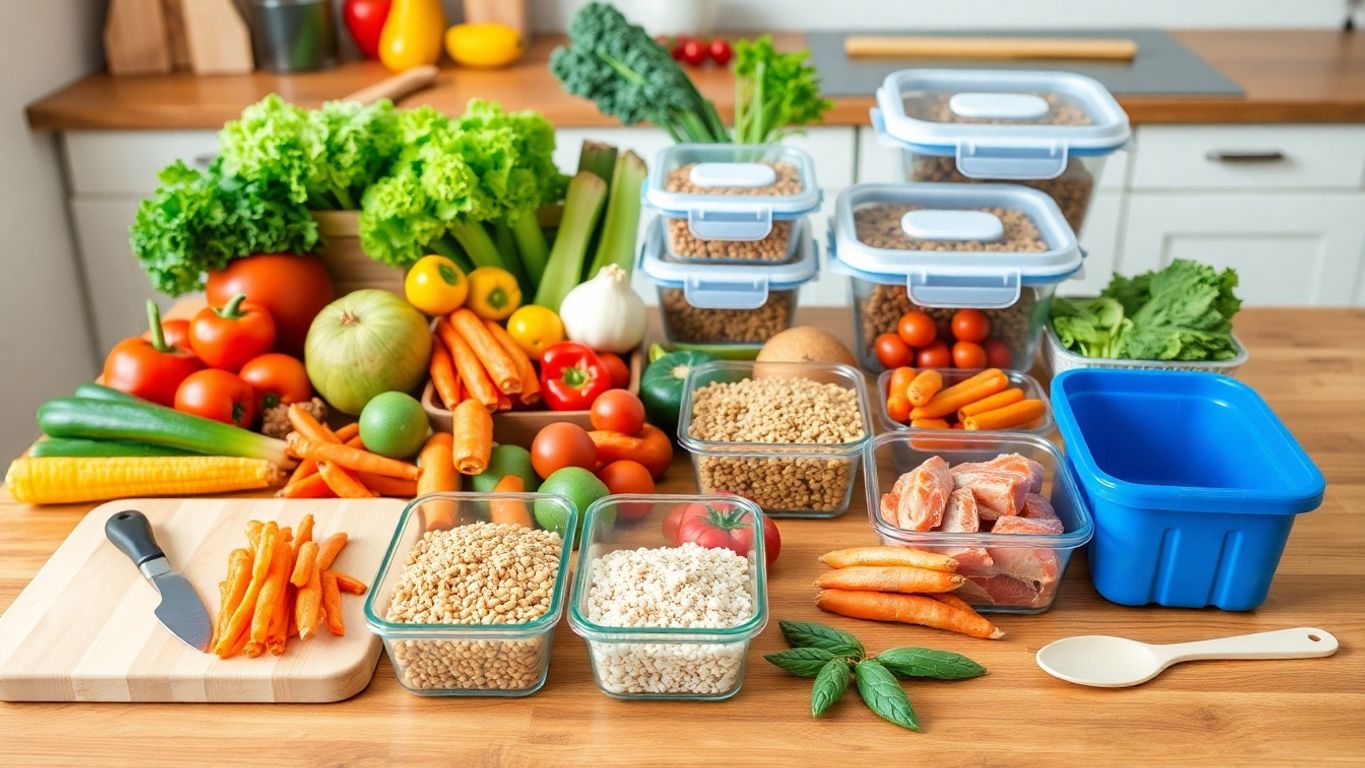 A vibrant meal planning setup with fresh ingredients.